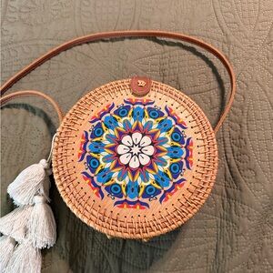 Round Woven Rattan Crossbody Bag | Mandala Design Boho Purse